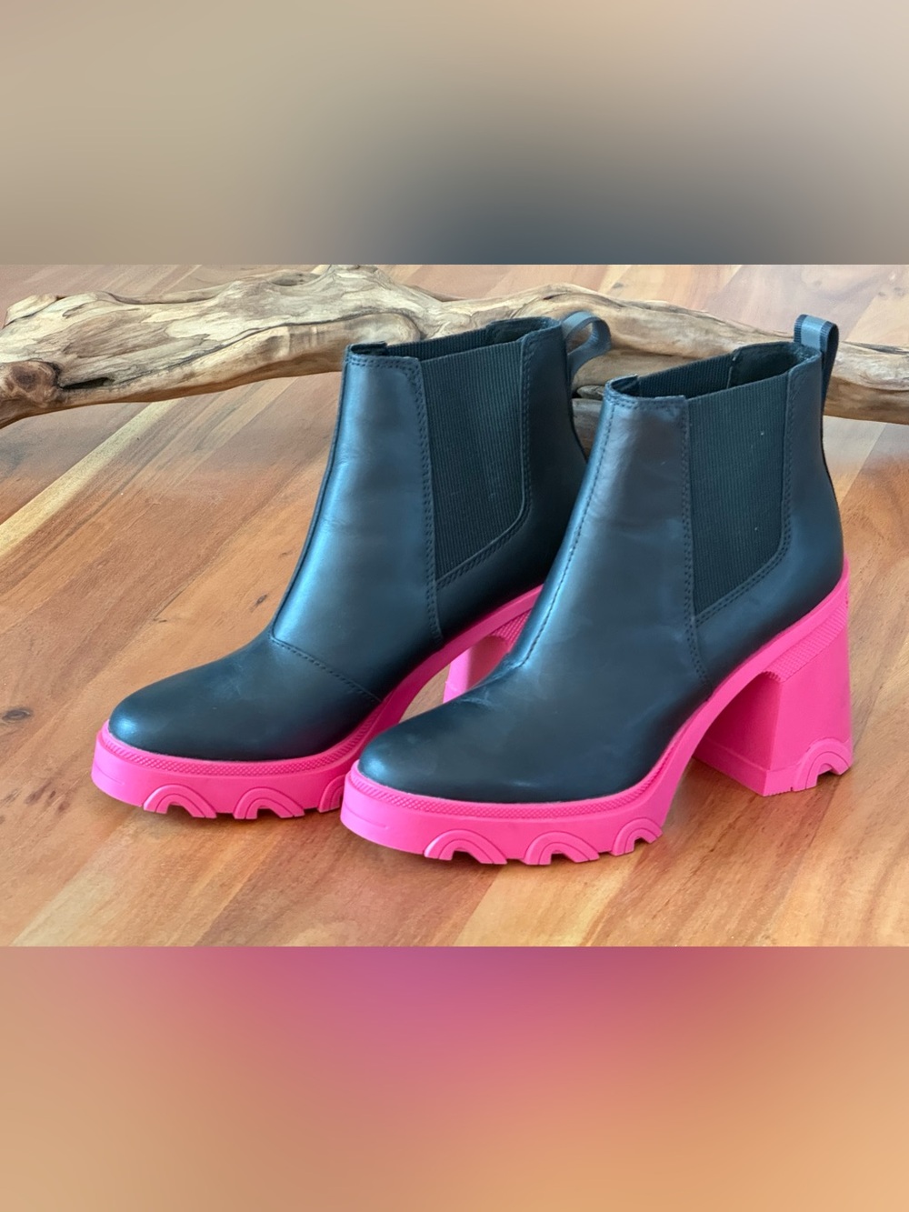 Sorel Women's Brex boots in black with chunky cactus pink block heels, size 8